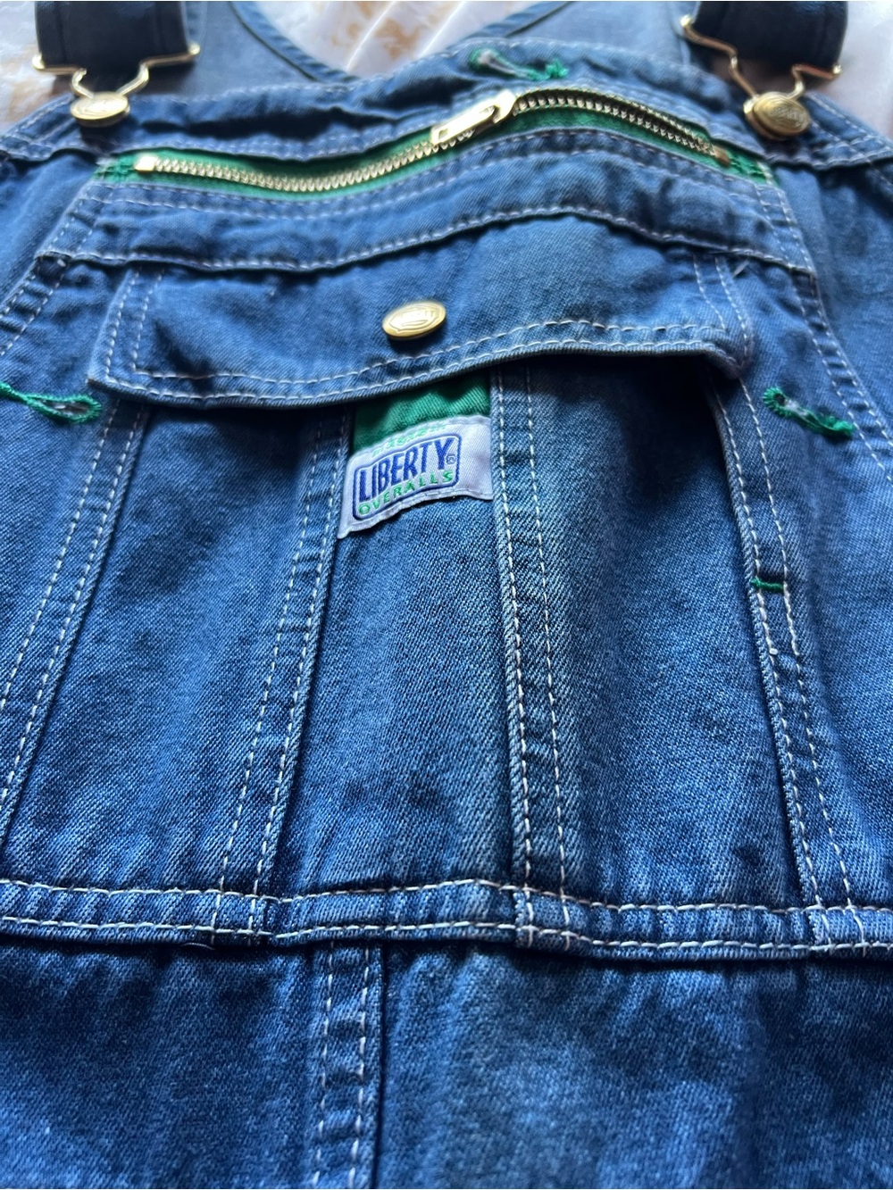 Liberty Blue Denim Overalls with Green Accents